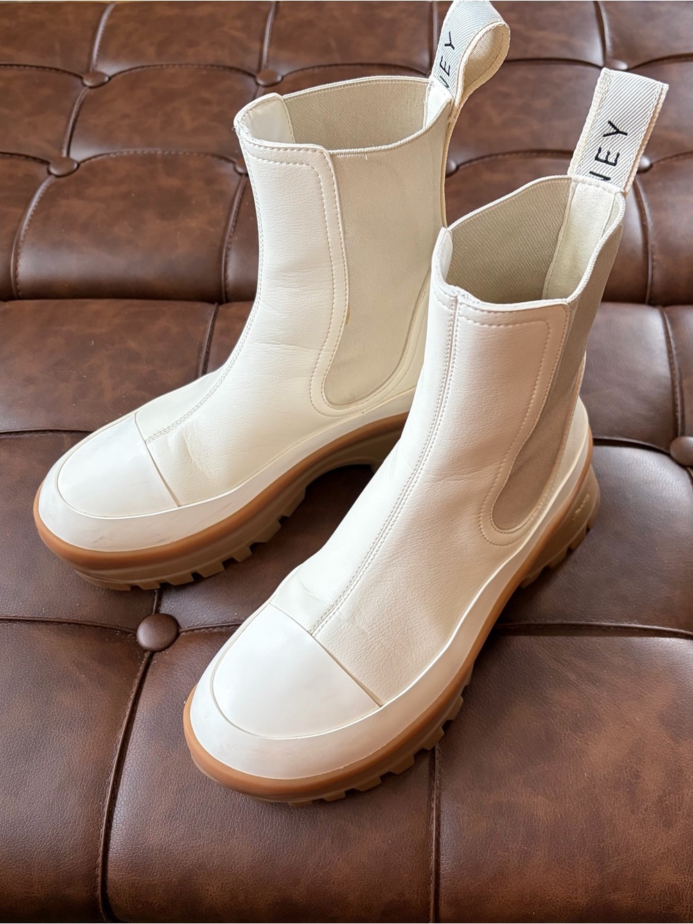 Stella McCartney TRACE Leather Chelsea Lug Boots with Tan Gum Sole